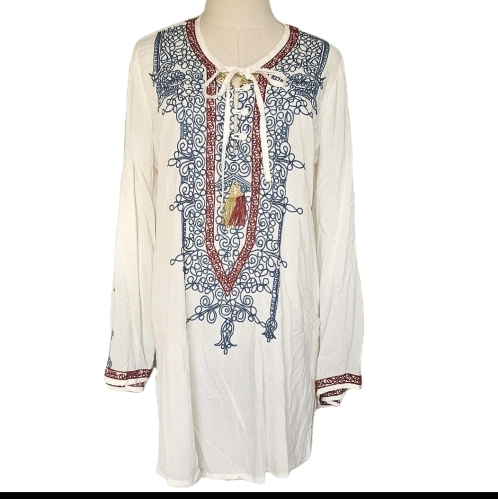 Johnny Was Biya Women's Cossima Embroidered Ivory Bohemian Tunic Blouse  Medium